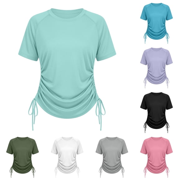 WAYUTE T Shirts for Women Short Sleeve Rash Guard Round Neck Side Drawstring Ruched Swim Shirt Sun Protection Sporty Top Solid Color Tshirt Casual Outdoor,Mint Green,XL