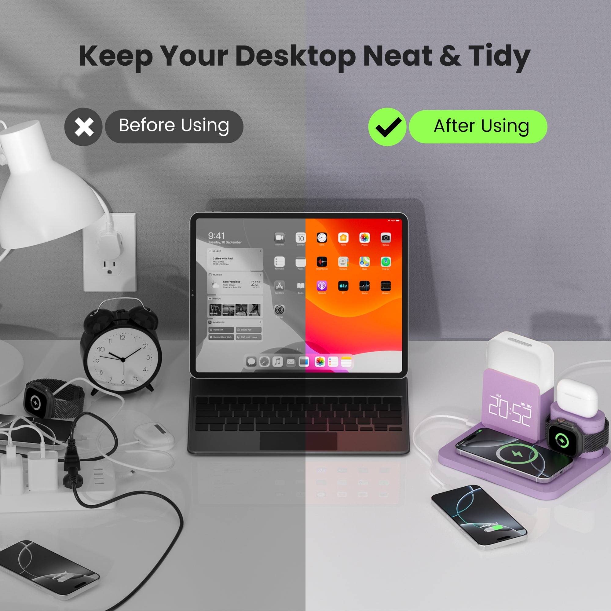 Wireless Charging Station 7 in 1 Compatible for iPhone 17/16/15/14/13/12 Pro Max, Apple Watch & AirPods with Alarm Clock, Night Light Purple