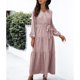 thumbnail image 3 of Vestido Maxi De Manga Larga Abullonada, Estampado Floral, Manga Larga, Cuello En V, Vestido Maxi Con Lazo En La Cintura, Dobladillo Con Volantes, Largo Hasta El Tobillo Para ANGGREK Rosa M, 3 of 6