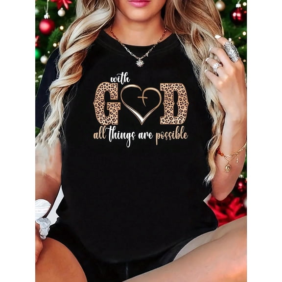 With God All Things Are Possible Heart Women Christian Faith 1 Pcs Women's Plus Size T-Shirt Funny Oversized Graphic Short Sleeve Tee Novelty 100% Polyester Shirt Casual Crew Neck Top 220g