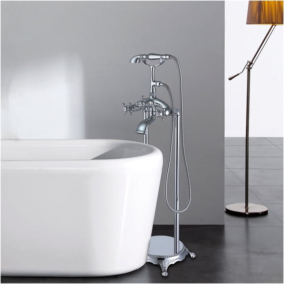 JERFIT Modern Freestanding Bathtub Faucet with Hand Shower, Chrome Metal Floor Mounted Tub Filler for Bathroom