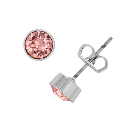 Swarovski Coral Peach Crystal Earrings - X & O Rhodium Plated 5 mm Bezel Set Flat Back Stud Earrings with Peach Swarovski Crystals