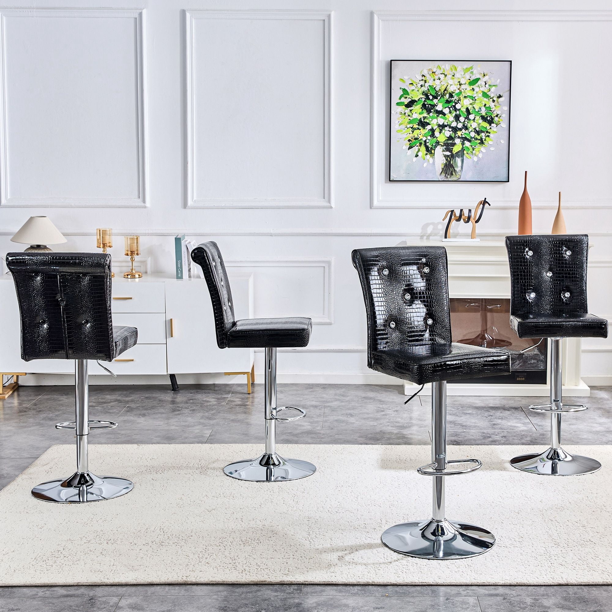 Alvantor Set of 2 Black Crocodile Faux Leather Lift Bar Stools with Crystal Accents