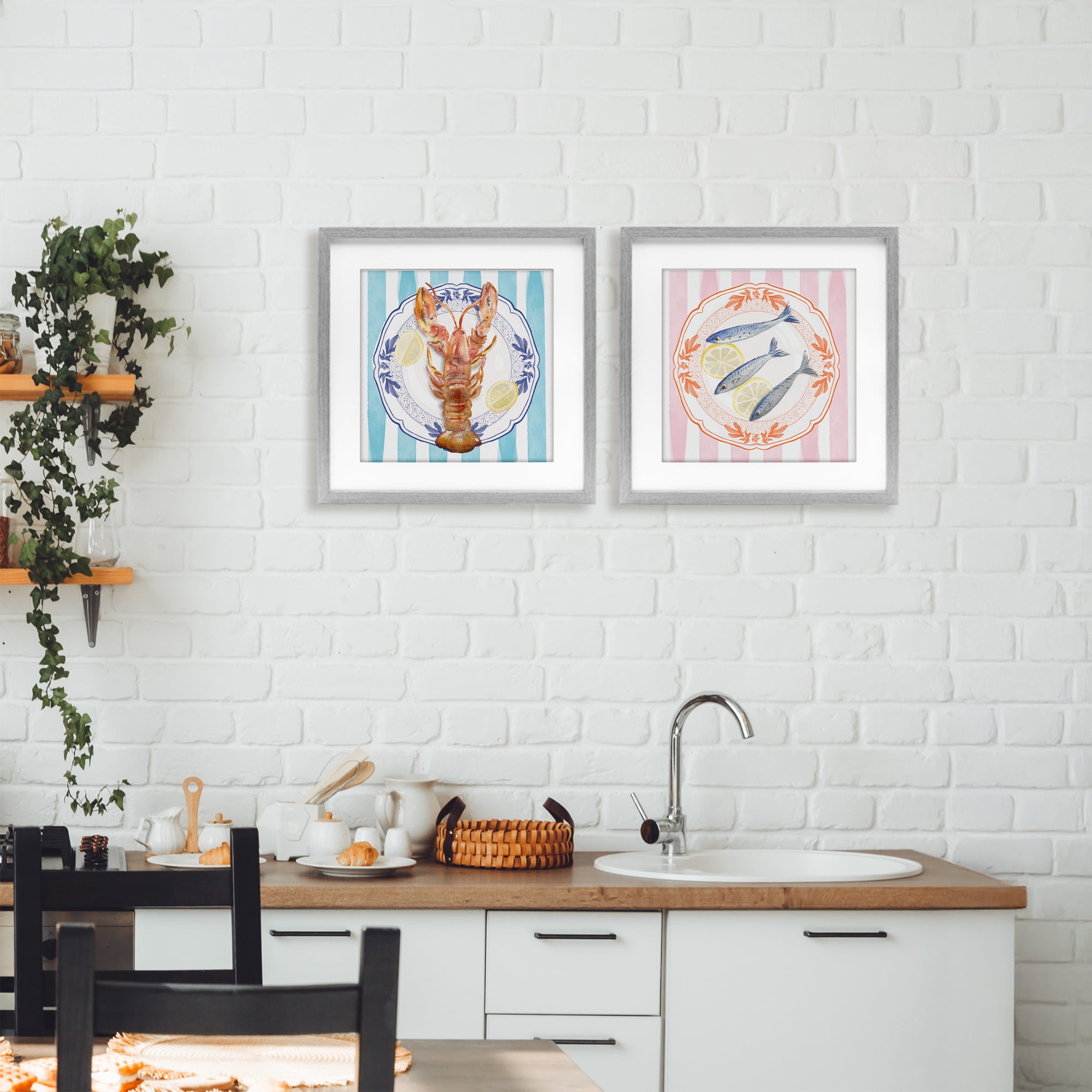 Stupell Industries Lobster & Sardines Plates 2 Piece Gray Framed Print Under Glass Set, design by Christie Adams