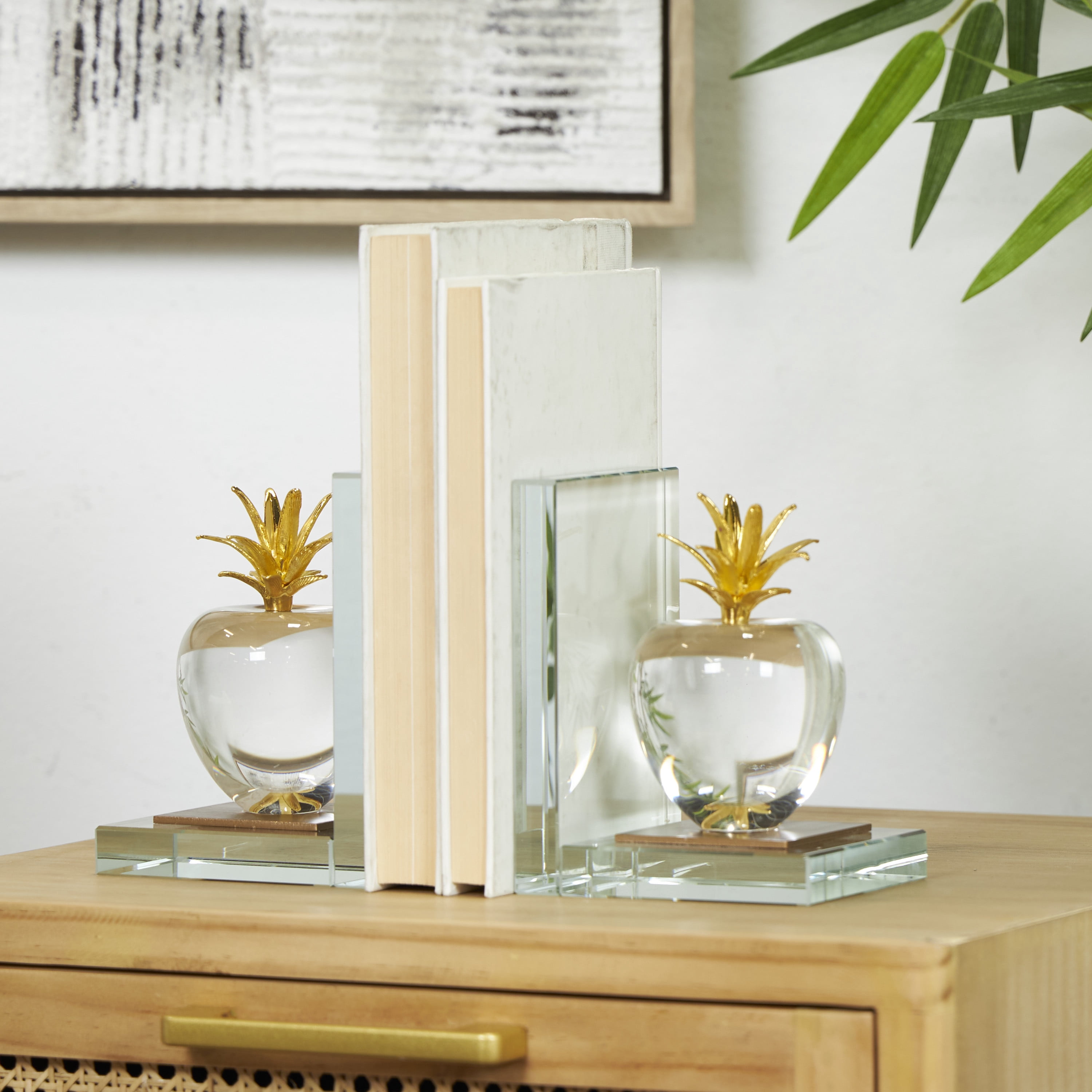 DecMode 4" Apple Fruit Clear Crystal Bookends with Gold Leaves (Set of 2)