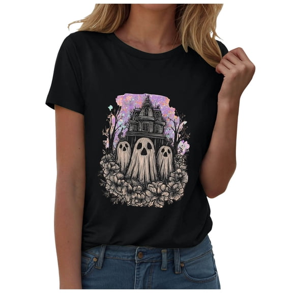 Akiihool Halloween Costumes for Women Women Fall Halloween Crew Neck Shirt Casual Tee Season Family Party Celebration Short Sleeve Tee Pumpkin Top Holiday Stretchable Soft Black,XXL