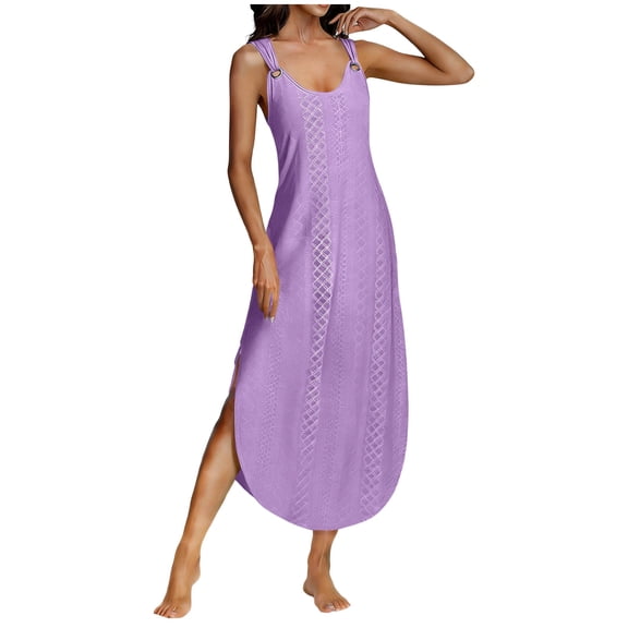 Fmbrln Dresses for Women Summer Sleeveless Crew Neck Side Slit Midi Dress Casual Loose Solid Beach Vacation Sundress