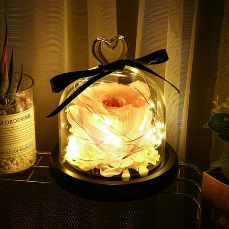 

Farfi Artificial Rose Flower Glass Dome LED Night Light Ornament Valentine Day Lamp