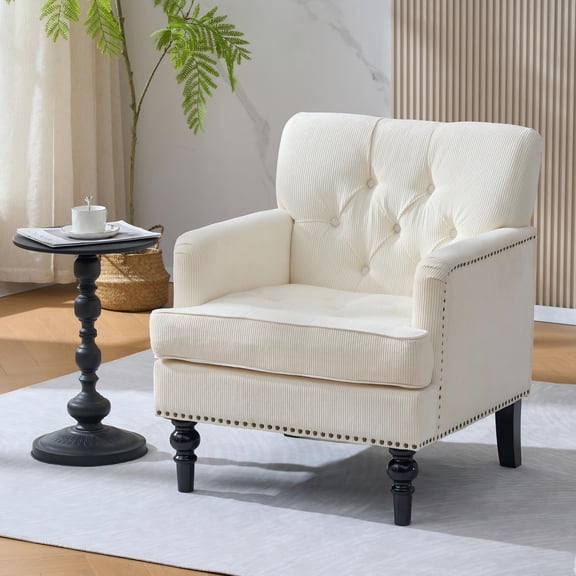 Oufan Mid Century Club Chair, Corduroy Tufted Button Sofa Chair with Armrest & Upholstered, Accent Armchair with Studded for Bedroom, Living Room