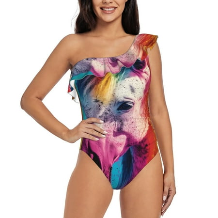 Qokaie Watercolor White Horse Print Women s One Piece Swimsuits Tummy Control Bathing Suits Asymmetric One Shoulder Swimwear-XX-Large
