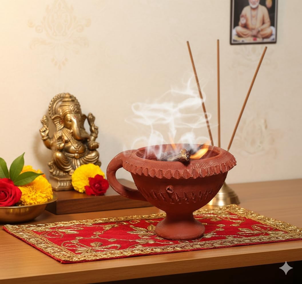 Clay Dhoop Burner/Incense Holder with Handle – Traditional Mitti Loban Dan for Pooja, Hawan & Aromatherapy