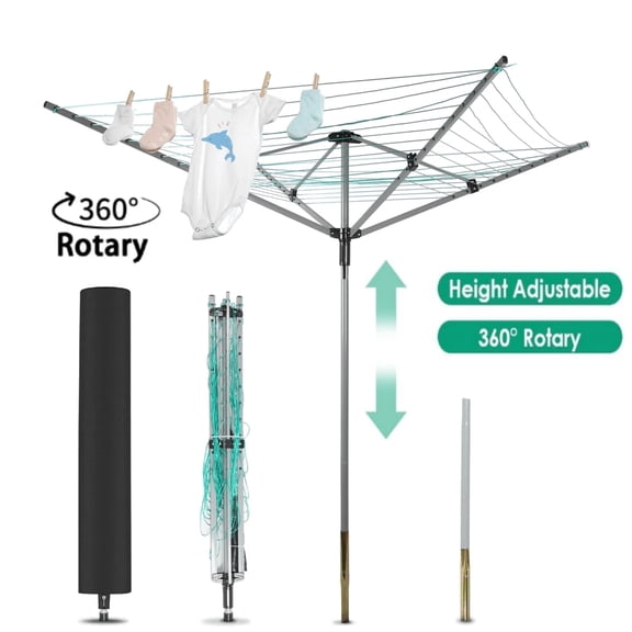 Petoto Rotary Outdoor Umbrella Drying Rack, Aluminum Adjustable 70.9" Height 12 Lines with 165 ft, Clothesline for Backyard, Gray