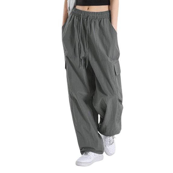 KOMOO Women Wide Leg Cargo Pants Drawstring Elastic Waist Jogger Baggy Trousers Pockets Loose Trousers