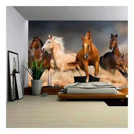 wall26 - Horse Herd Run in Desert Sand Storm Against Dramatic Sky - Removable Wall Mural | Self-adhesive Large Wallpaper - 100x144