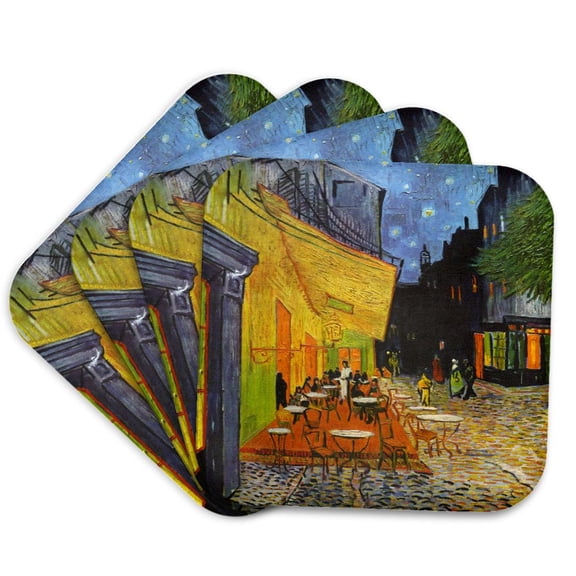 3dRose, Cafe Terrace at Night by Vincent van Gogh - 1888 - restaurant French street painting - Coffeehouse, set of 4 Coasters - Soft