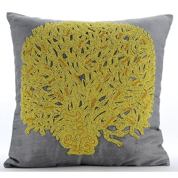 Pillow Cover, 22x22 inch (55x55 cm) Throw Pillows Cover, Grey Cushion Covers, Sparkly Beads Floral Theme Pillow Cover, Silk Square Pillow Covers, Floral - Summer Tree