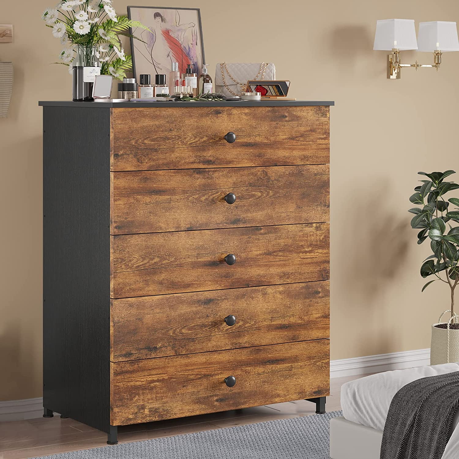 5 Drawer Dresser, Wooden Dresser with Heavy Sturdy Steel Frame