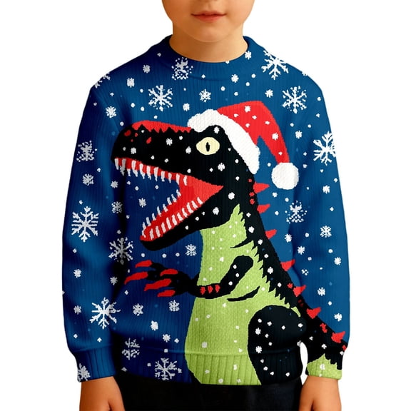 Boys Christmas Dinosaur Pattern Crewneck Thermal Pullover for Winter Holiday and Casual Wear