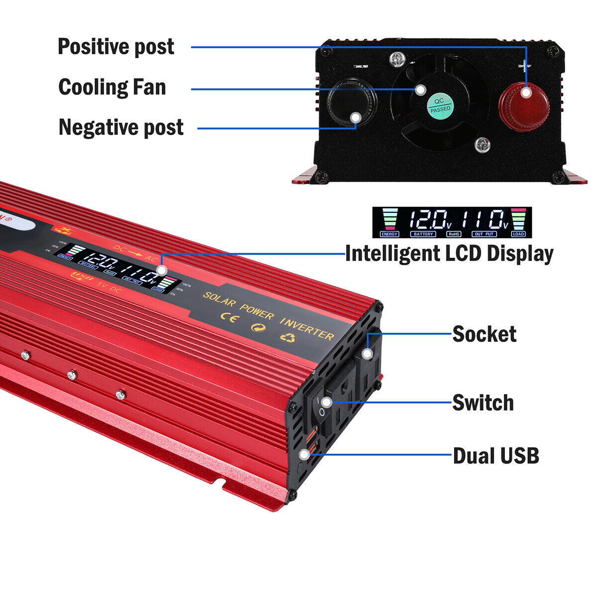 7000W Inversor de corriente para Carro Auto Convertidor solar DC 12/24V a AC110V