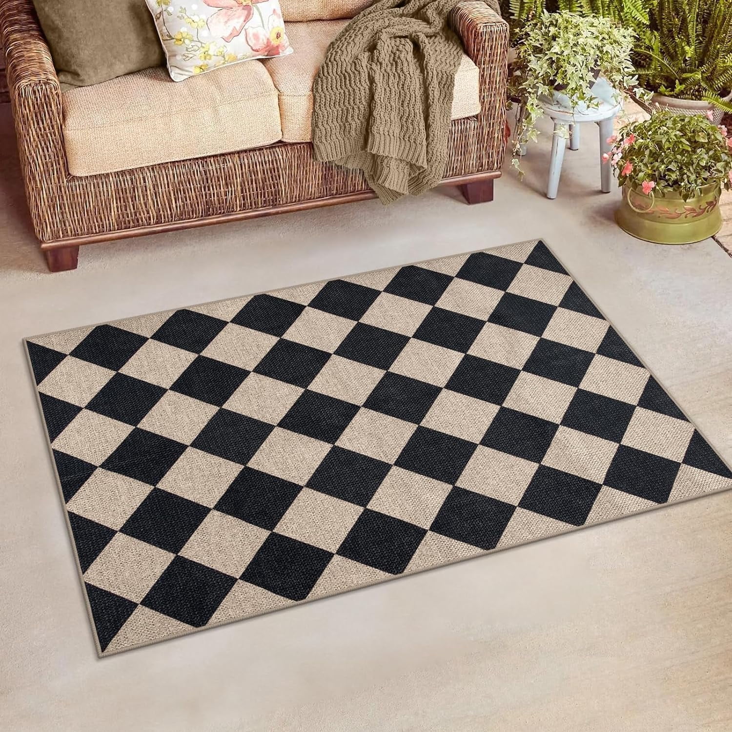 Lahome 3'x5' Checkered Easy Jute Area Rug,Outdoor Patio Rug Washable Rugs for Entryway Checkerboard Indoor Outdoor Living Room Classroom Rugs,Farmhouse Neutral Non Slip Black Carpet for Bedroom
