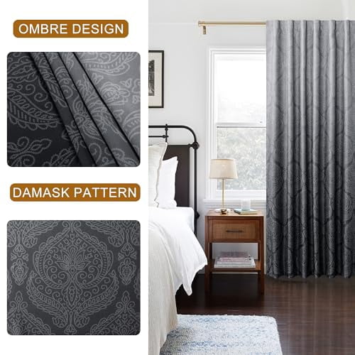 Hiasan Ombre Blackout Curtains for Bedroom - Back Tab & Rod Pocket Elegant Damask Design Thermal Insulted Window Drapes with Tiebacks Light Blocking Curtains, 2 Panels, W42 x L84, Black