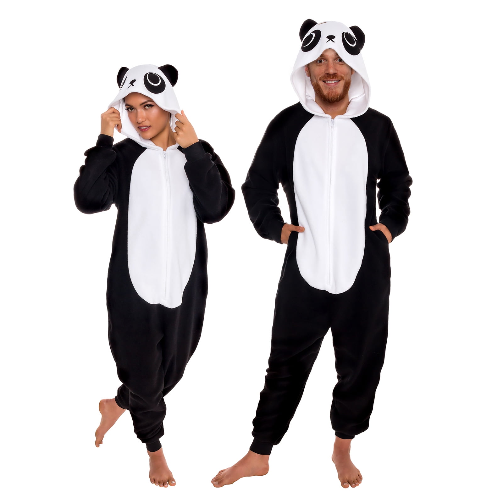 Slim Fit Panda One - Plush Adult Animal Jumpsuit by FUNZIEZ! (Black/White, Small) -