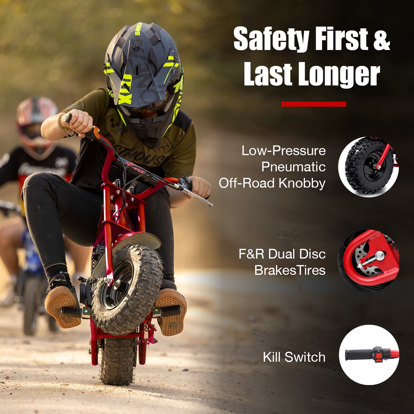 FRP DB003 40CC 2-Stroke Mini Dirt Bike with Training Wheels, Gas Powered Off-Road Dirt Bike for Kids, Enhanced Stability, Available in Red and Green