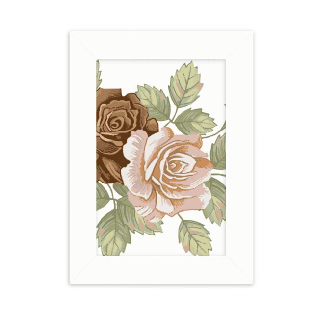 Rosa flores rosas blancas hojas de dibujo Marco de Fotos de escritorio imagen Blanco Pintura arte 5x7 pulgadas