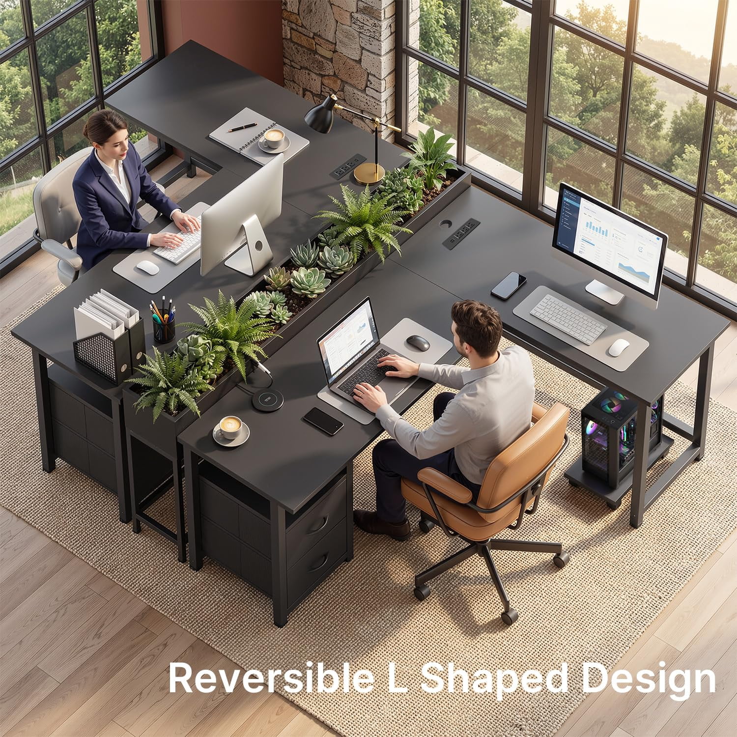 Home Office Desk, Lofka  66”Corner Desk with Power Outlets, Computer Desk with CPU Stand for Home Office Dorm, Sturdy, Black