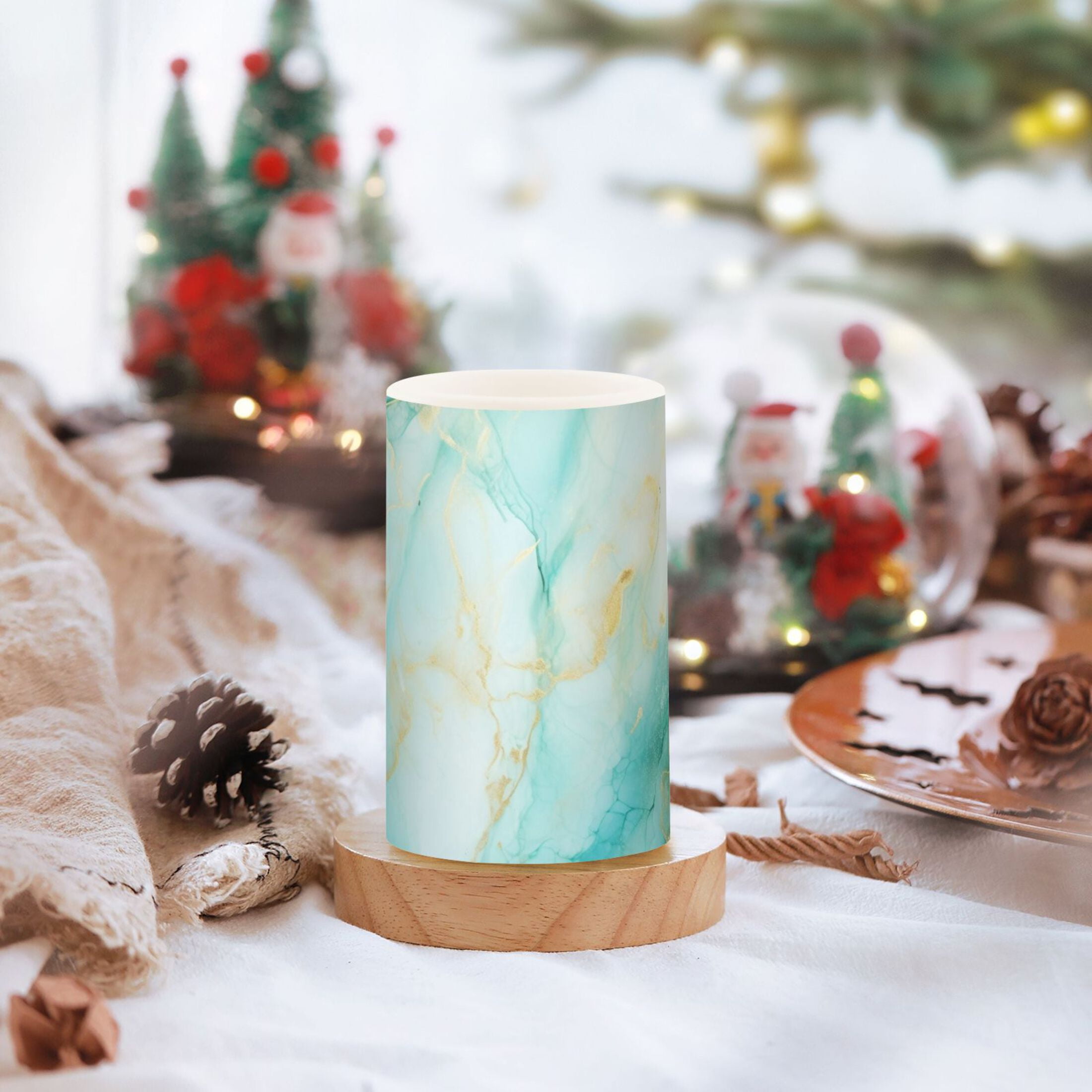 Aqua White Marble Flameless Candles with Remote Timer LED Battery Operated Flickering Candle Light for Festival Wedding Home Party