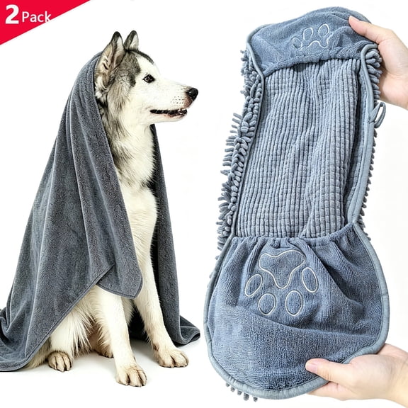 Dog Towels for Drying Dogs, Super Absorbent Chenille Microfiber Pet Grooming Towel for Dogs, Cats and Other Pets(2-Pack Gray)