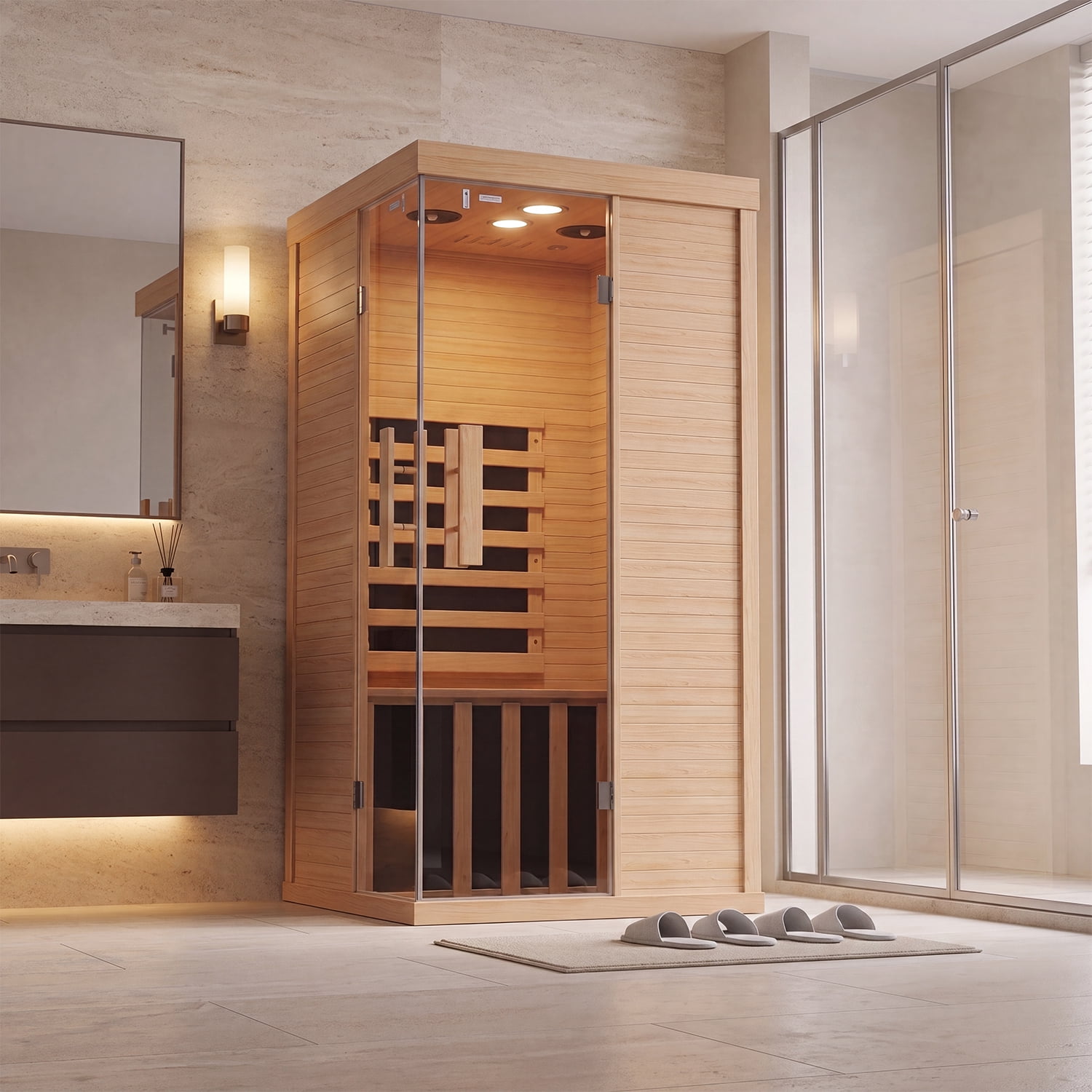 BaPiPro Infrared Sauna, 1-2 Person Home Far Wood Sauna, Canadian Hemlock Dry Sauna Spa Room with Low EMF Carbon Fiber Panels, Indoor Sauna with LED Light & Bluetooth Speaker