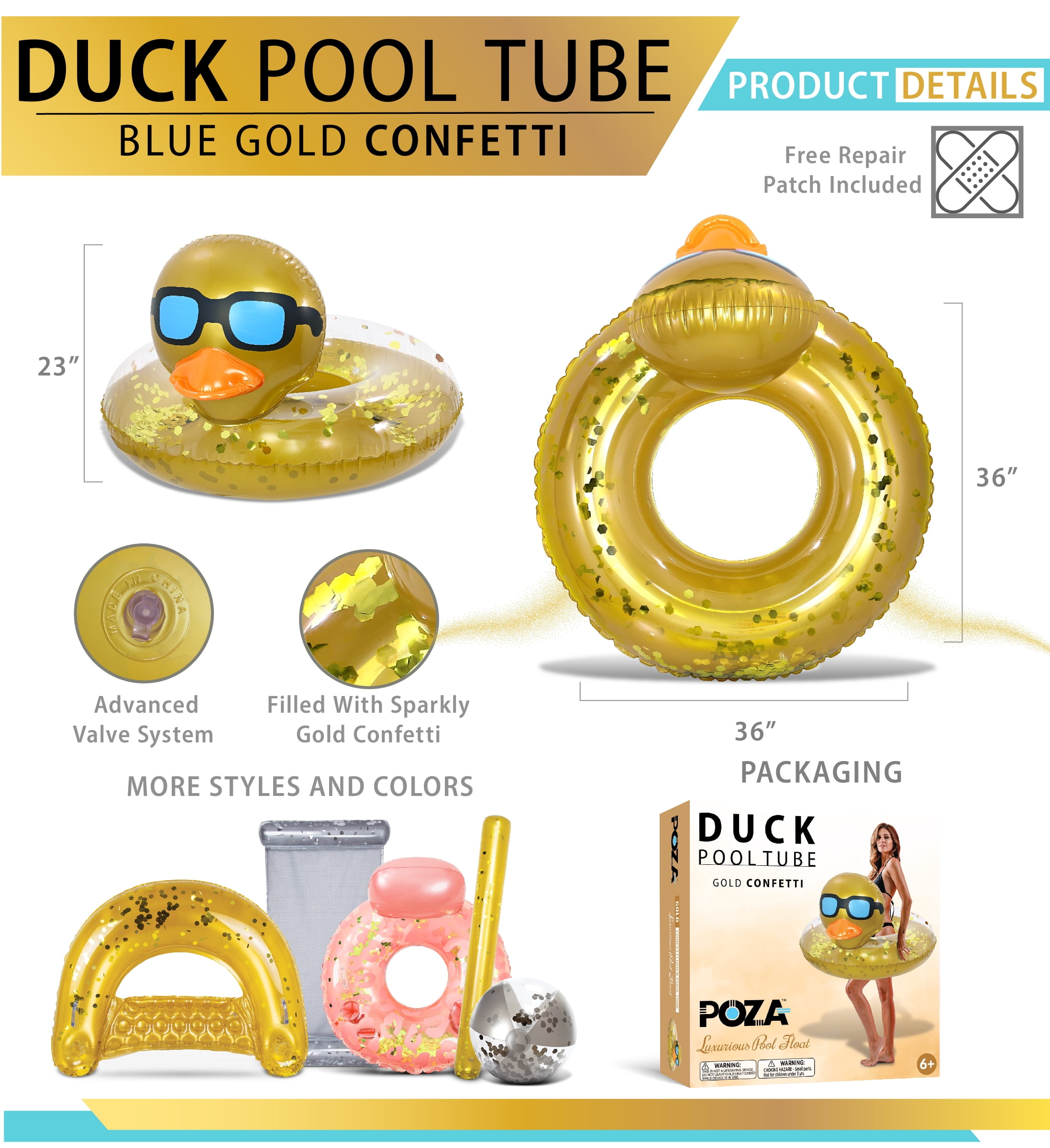 POZA Inflatable Duck Pool Float Tube- Heavy Duty Vinyl UV Resistant Confetti Pool Duck Floatie, Animal Float Swim Ring Inflatables for Kids and Adults for Beach, Party, Vacation - Gold