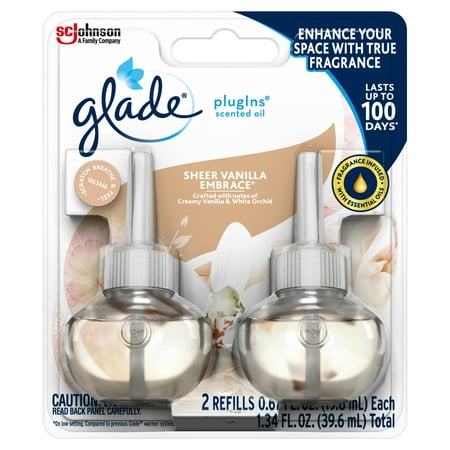 Glade PlugIns Scented Oil Refill Sheer Vanilla Embrace, Essential Oil Infused Wall Plug In, Up to 100 Days of Continuous Fragrance, 1.34 oz, Pack of
