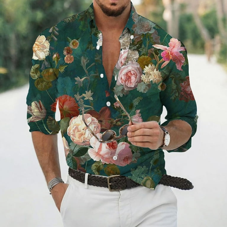 Mens Flower Printed Shirt Casual Long Sleeve Shirts Male Slim Fit Mens Shirt