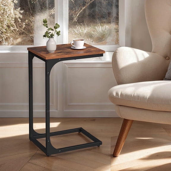 LEDREM C-Shaped End Table - Slim Sofa Side Table with Metal Frame, Space-Saving Bedside Table for Living Room & Bedroom, Rustic Brown