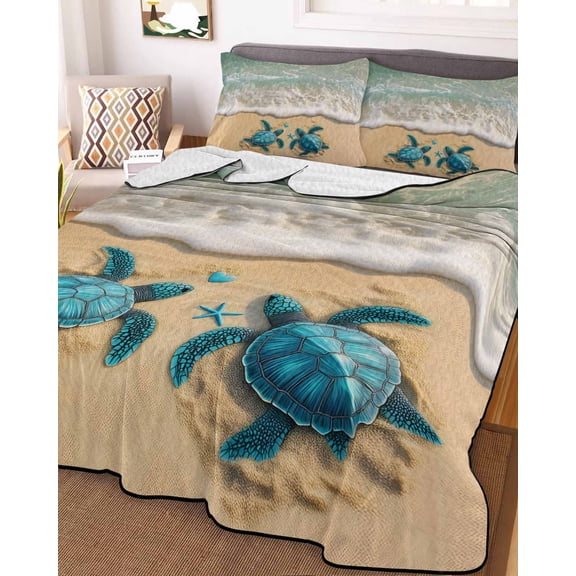 Coastal Turtle Twin Size Down Alternative Comforter, Lightweight Comforter Quilt Bedding Set with Pillow Shams Summer Beach Nautical Ocean Waves All Seasons Bed Comforter Duvet Insert 68"x86"