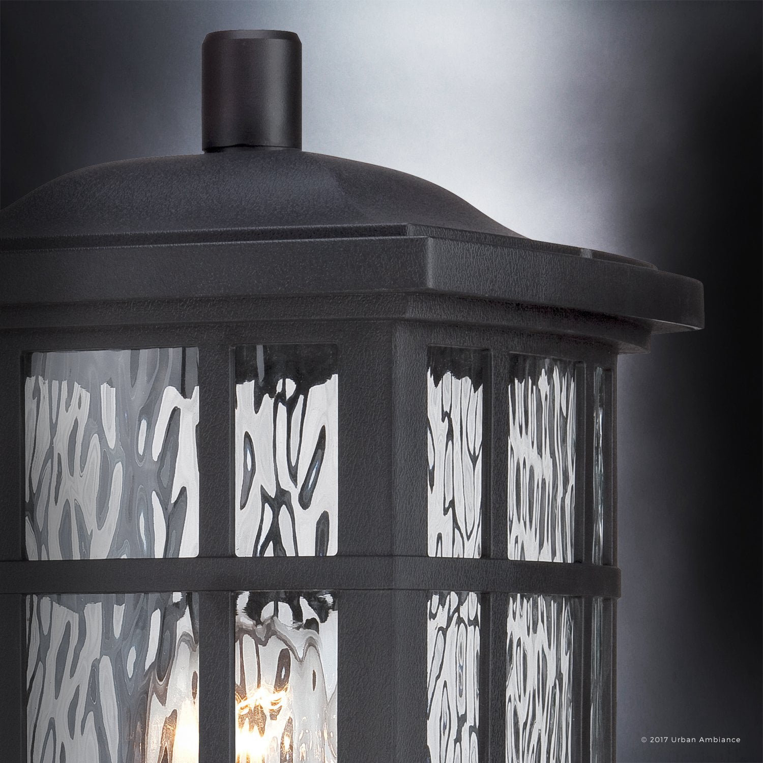 Urban Ambiance Luxury Craftsman Outdoor Post Light, Medium Size: 16.5"H x 9.5"W, with Tudor Style Elements, Highly-Detailed Design, High-End Black Silk Finish and Water Glass, UQL1246