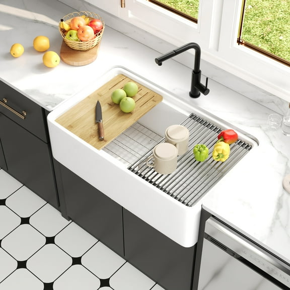 White Fireclay 33 in. Single Bowl Farmhouse Apron Workstation Kitchen Sink with Accessories