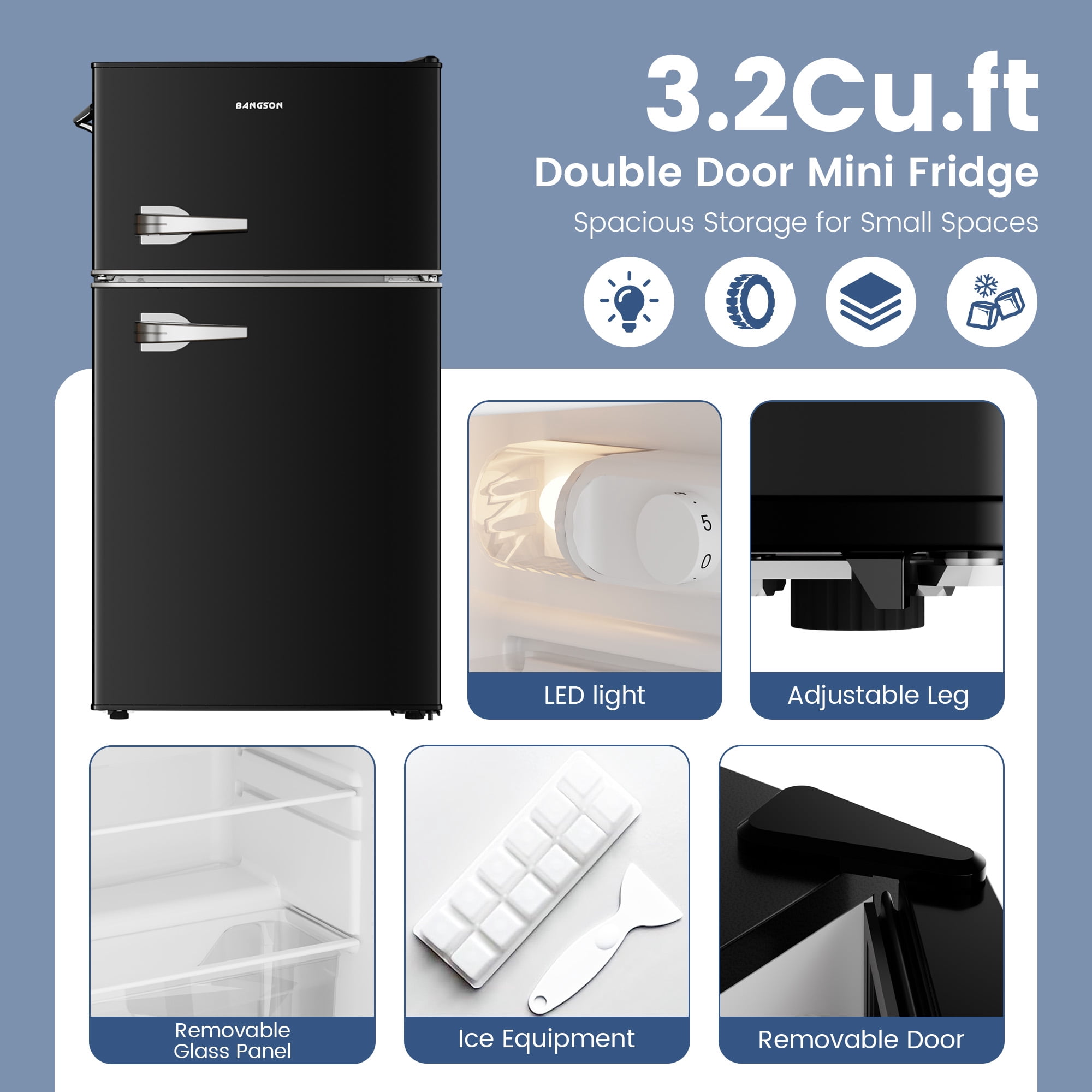 BANGSON 3.2 Cu.Ft Retro Mini Fridge with Freezer, Small Refrigerator for Dorm Room & Home Bar ,Black