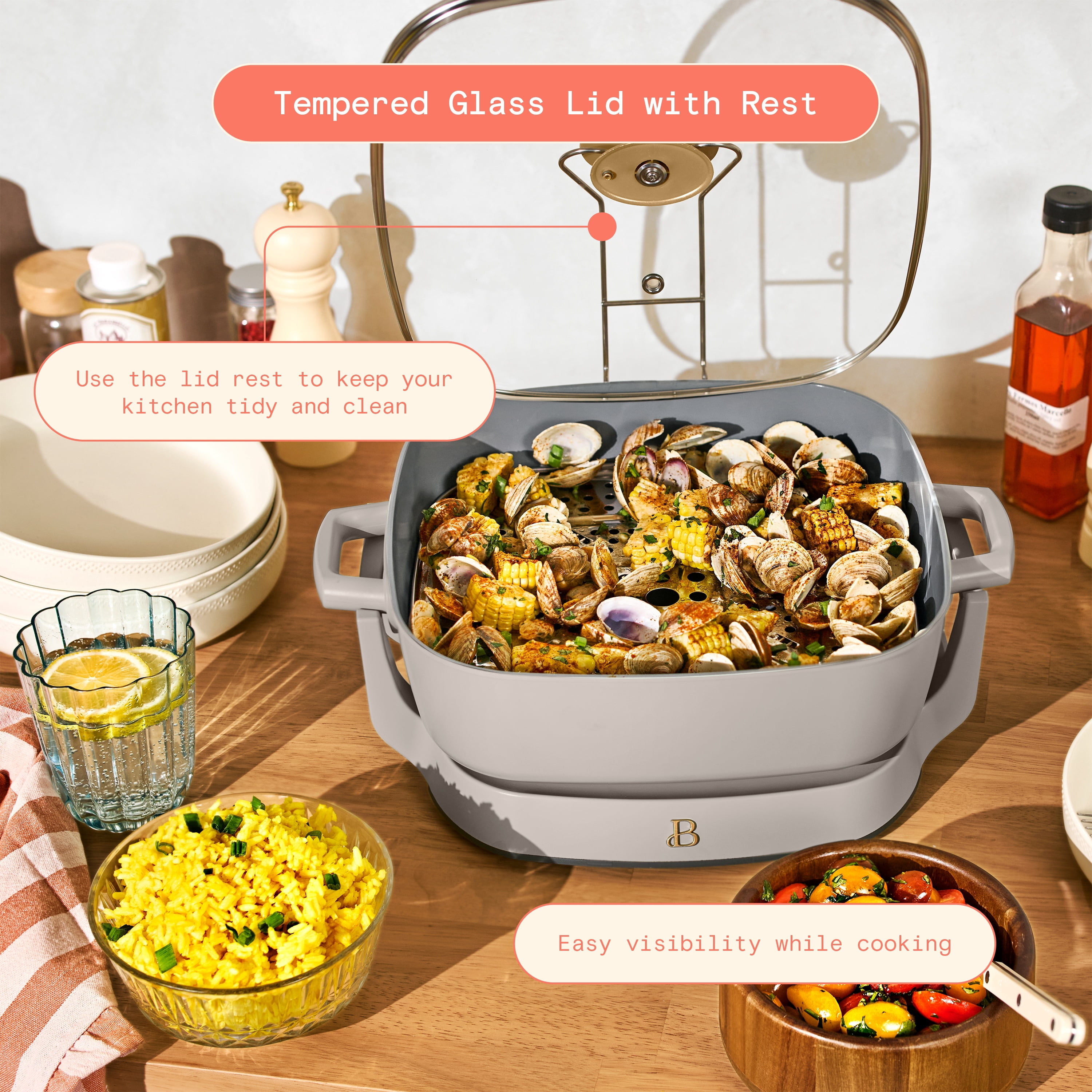 Beautiful 5-in-1, 12" x 12" Detachable Electric Skillet with EverGood Ceramic Nonstick Coating, Porcini Taupe by Drew Barrymore
