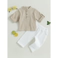thumbnail image 3 of Toddler Baby Boy Clothes 6M 12M 18M 24M 3Y 4Y Cotton Linen Henley Shirts Button Down Long Sleeve Shirts Casual Pants Set, 3 of 9