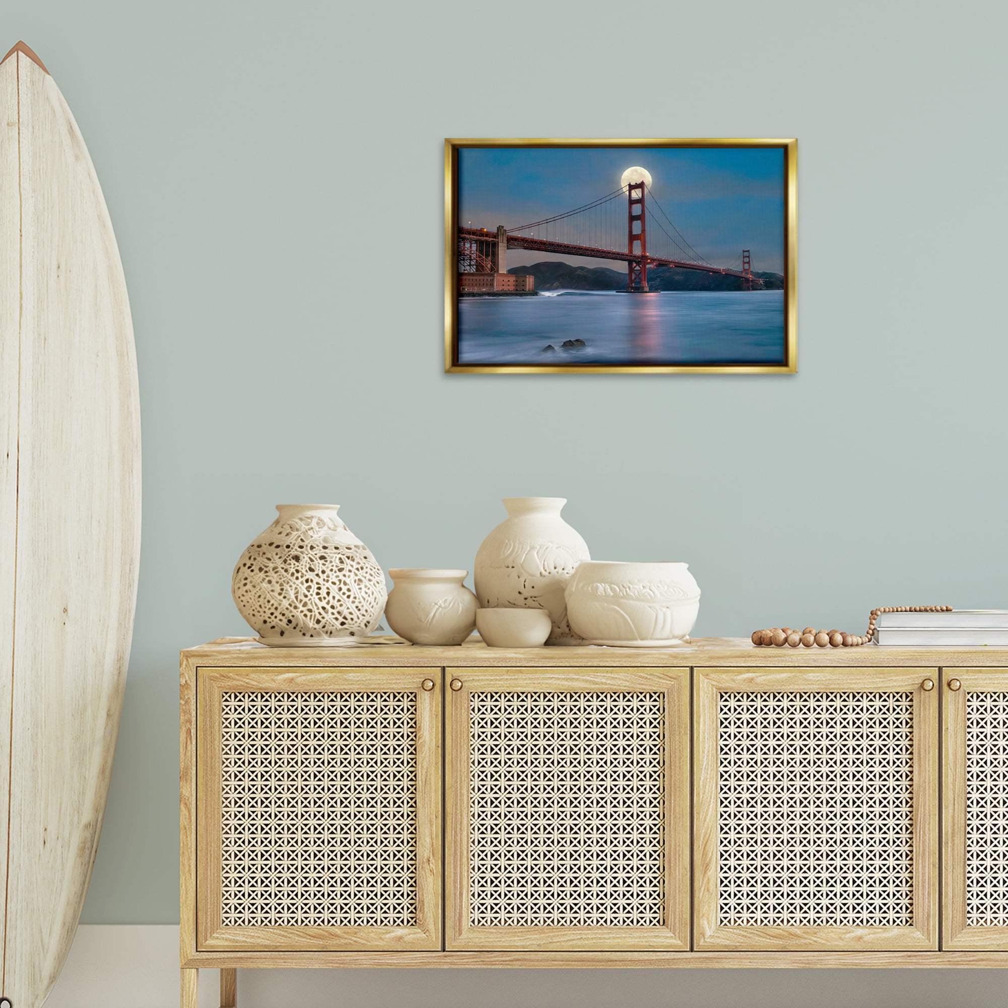 Stupell Industries Moonlit Bridge Landmark Scenic & Cityscapes Painting Gold Floater Framed Canvas Art Print Wall Art, 25 x 17