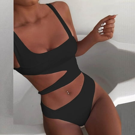 

Finelylove Womens High Waisted Swimsuits Tummy Concealing Sport Bra Style High Waist Black S