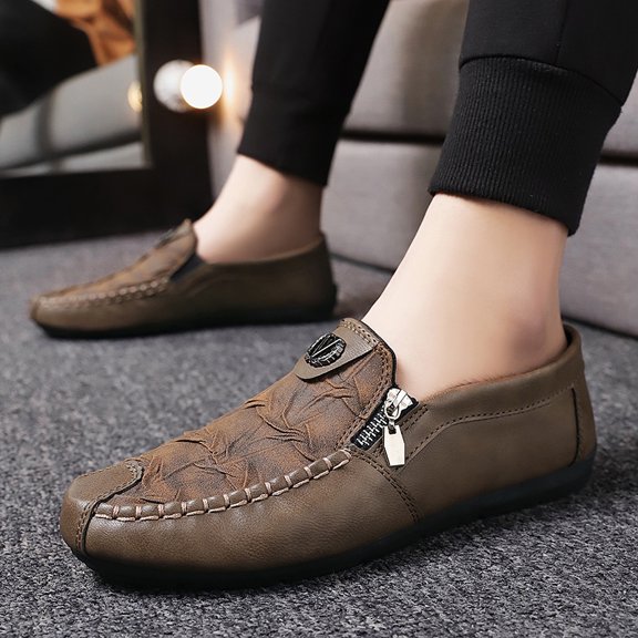 Business Daily Leather Moccasin Shoes Quick Side Zipper Lightweight Comfort Walking Sneakers