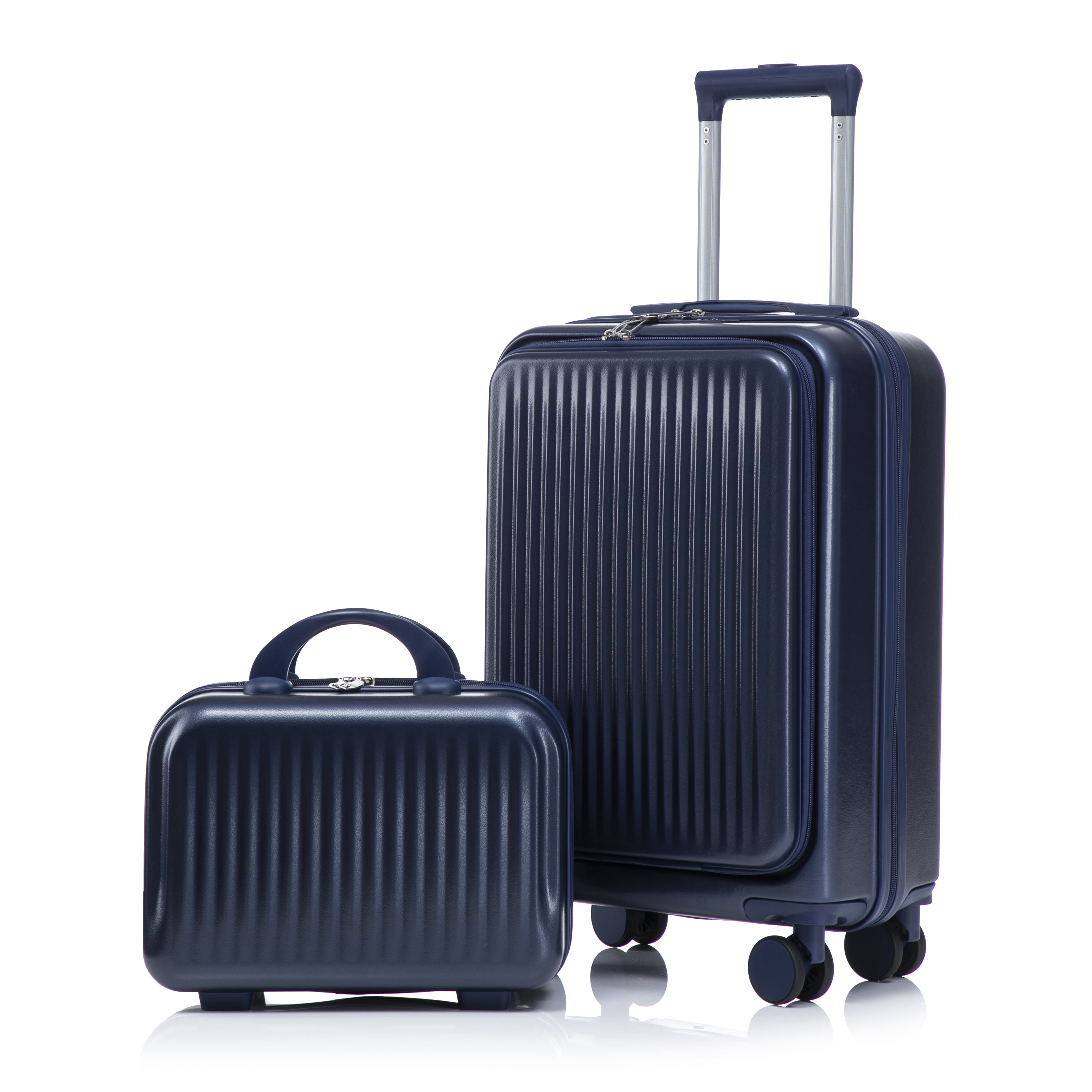 14"/20" 2 pcs/set in ABS Spinner Wheel Luggage, with Combination Lock and Front Opening Design, 14" Cosmetic Case (Navy)