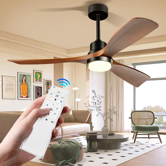 Ventilador de techo con luz de 52in/132CM,50W luz de ventilador de madera,con control remoto,ventilador de techo moderno de 3 aspas,motor CC reversible silencioso,ventilador de techo para patios