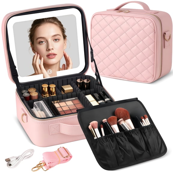 Rirool Makeup Case with LED Mirror, 10 Inch Travel Cosmetic Organizer Bag with Adjustable Dividers, Rechargeable Portable Makeup Train Case for Women Girls, Pink