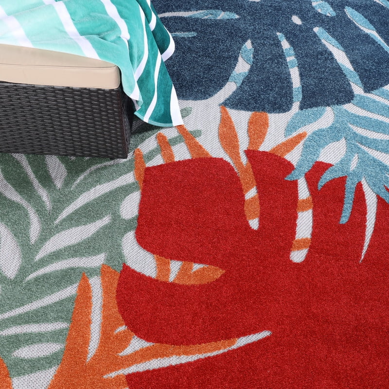 Superior Waikiki Tropical Leaves Indoor Outdoor Area Rug, 10' x 14', Multicolor