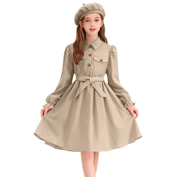 SERTG Kids Solid Color Lapel Dress Set Long Sleeve Button Down and Hat Casual Comfortable Two-Piece Skirt Outfit(Khaki,11-12 Years)